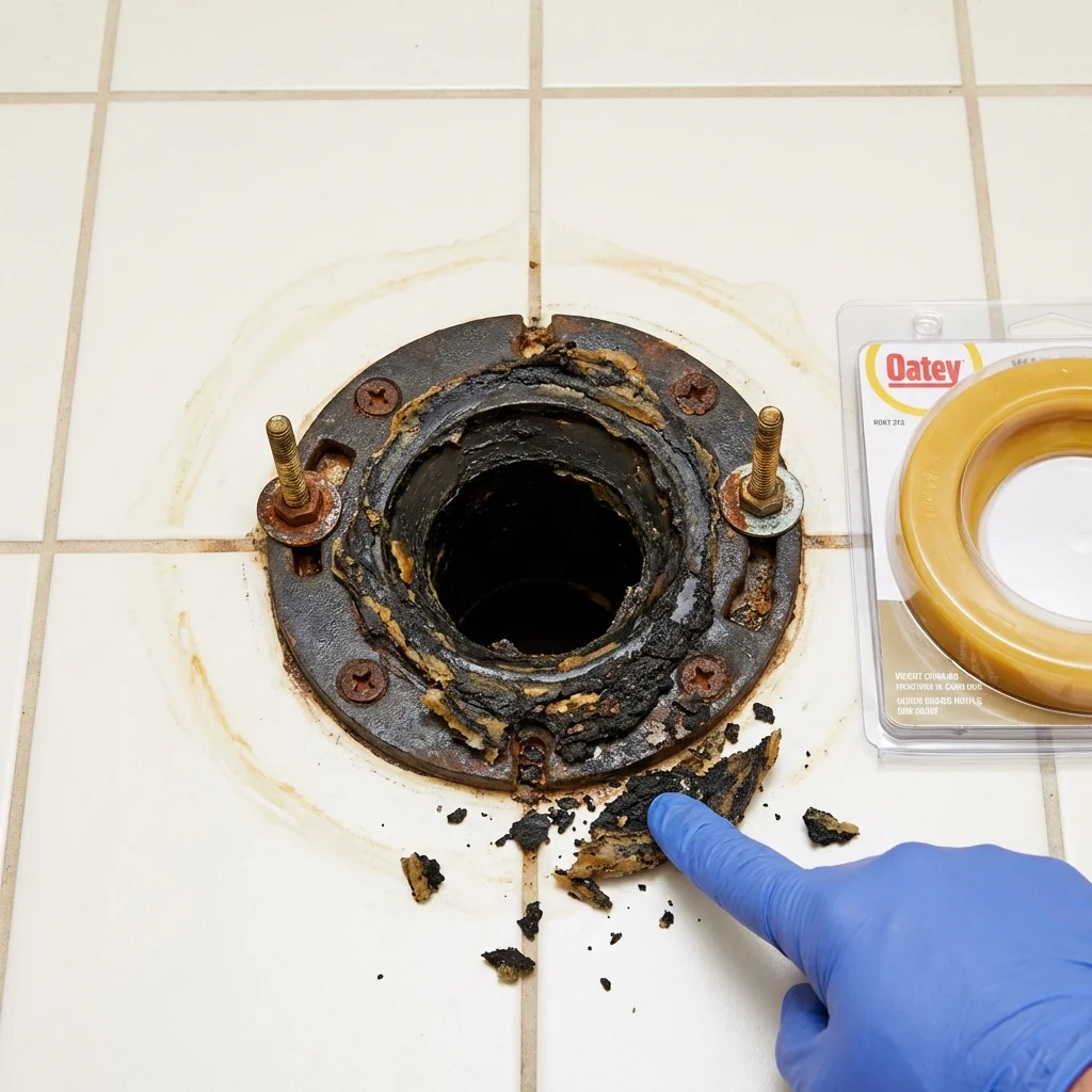 Failed wax ring showing water seepage at the base of a toilet in a Salisbury, MO home